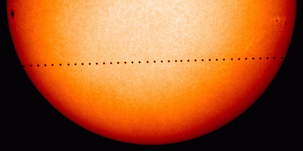 Time lapse photograph of Mercury passing in front of the Sun. (NASA)