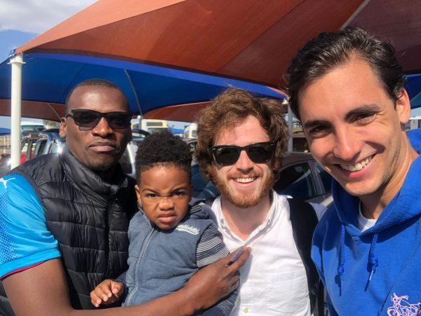 (L-R) Namibia community leader Theron Kolokwe with his son and Wikitongues directors Daniel Bogre Udell and Frederico Andrade. (Courtesy of Daniel Bogre Udell/Wikitongues)