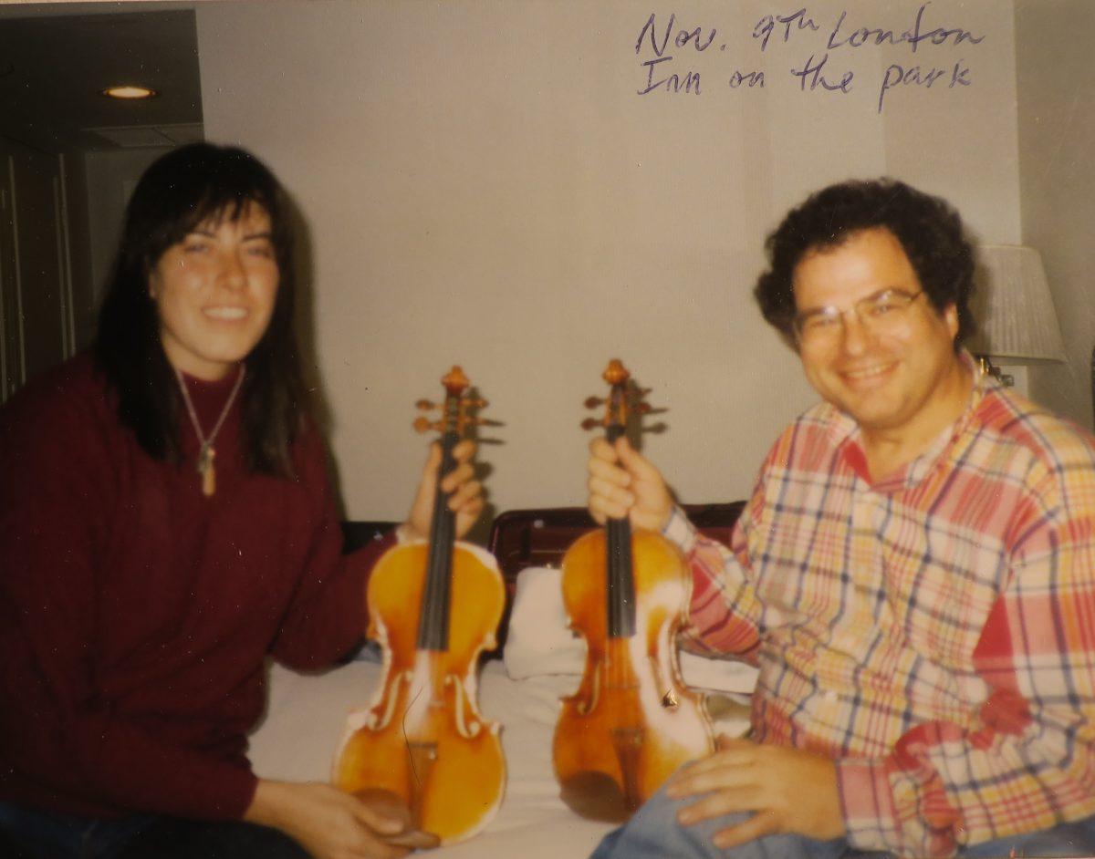 The "Lazzara" and the "Stradivari": Itzhak Perlman holds his 1714 Stradivari "Soil" next to his newly commissioned copy by Jamie Lazzara in 1993. (Courtesy of Jamie Lazzara)