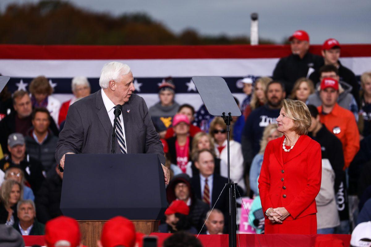 West Virginia Gov. Jim Justice and Sen. Shelley Moore Capito (R-W.Va.) at a Make America Great Again rally in Huntington, W.Va., on Nov. 2, 2018. (Charlotte Cuthbertson/The Epoch Times)