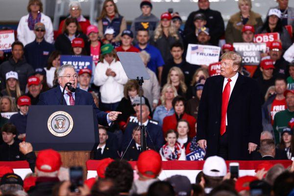 GOP Senate candidate Patrick Morrisey and President Donald Trump at a Make America Great Again rally in Huntington, W.Va., on Nov. 2, 2018. (Charlotte Cuthbertson/The Epoch Times)