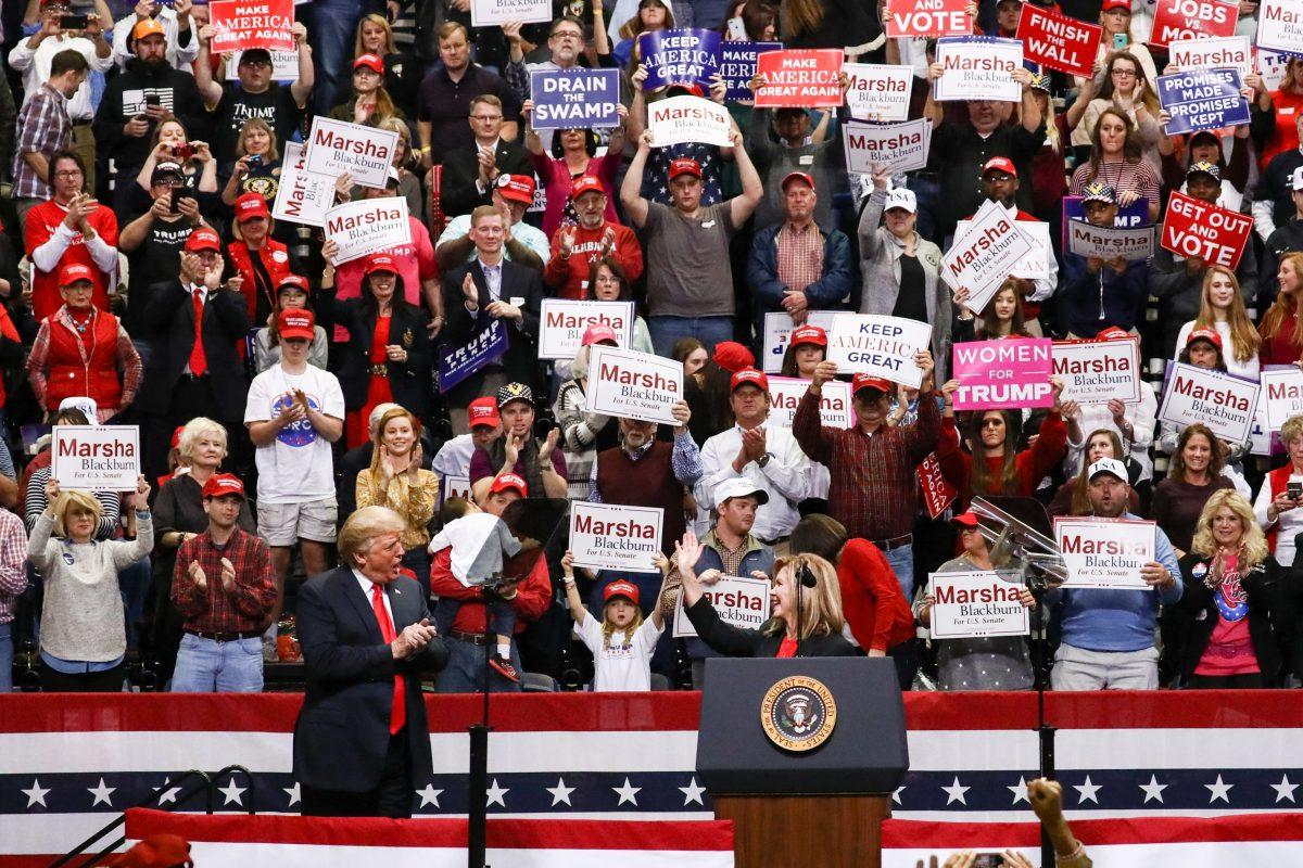 President Donald Trump and GOP Senate candidate Marsha Blackburn at a Make America Great Again rally in Chattanooga, Tenn., on Nov. 4, 2018. (Charlotte Cuthbertson/The Epoch Times)