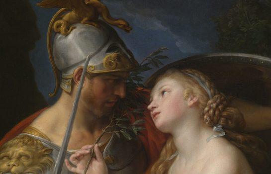 Peace offers War the gift of herself as represented in an olive branch. A detail from “Allegory of Peace and War.” (Public Domain)