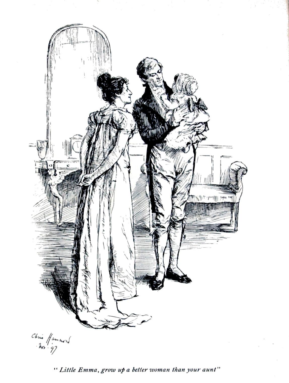 Emma with Mr. Knightley and Emma’s niece. An illustration by Chris Hammond in the 1898 edition of “Emma.” (Public Domain)