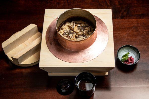 Matsutake mushroom rice with pickles and akadashi red miso soup. (Samira Bouaou/The Epoch Times)