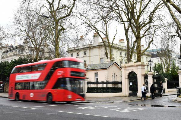 A London bus drives past a private road in front of the Russian Embassy in central London on March 15, 2018. (Justin Tallis/AFP/Getty Images)