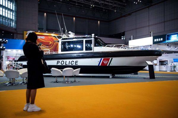 A police patrol boat is displayed at the first China International Import Expo (CIIE) in Shanghai on Nov. 5, 2018. (Johannes Eisele/AFP/Getty Images)