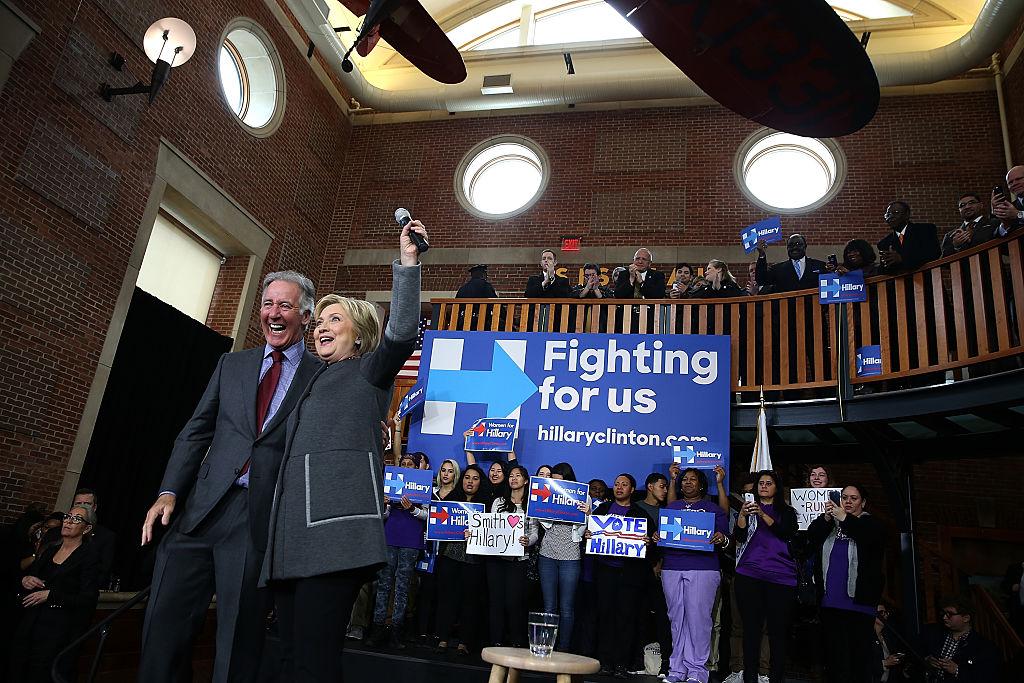 Democratic presidential candidate former Secretary of State Hillary Clinton greets supporters with U.S. Rep Richard Neal (D-Mass.) Springfield, Mass., on Feb. 29, 2016. (Justin Sullivan/Getty Images)