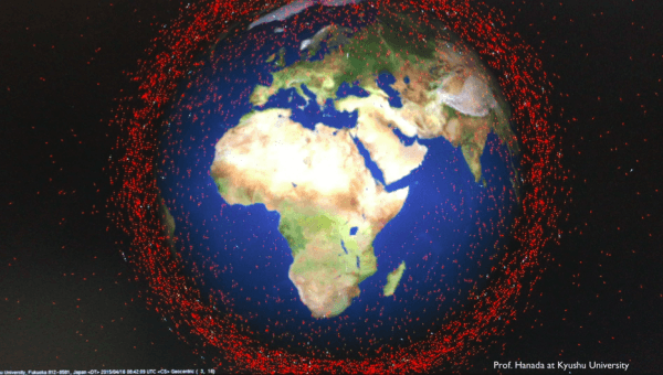 Space debris around Earth in an image taken from a simulation program created by Kyushu University. (Courtesy of Astroscale)