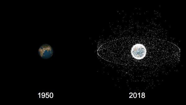 Space debris comparison between 1950 and 2018 in an image taken from a simulation program created by Kyushu University. (Courtesy of Astroscale)