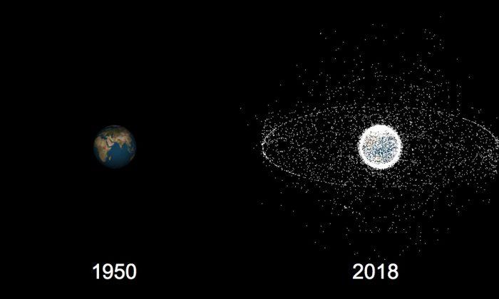 Space debris comparison between 1950 and 2018 in an image taken from a simulation program created by Kyushu University. (Courtesy of Astroscale)