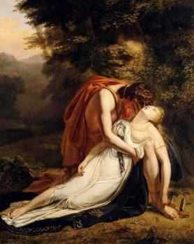 On the wedding day of Orpheus and Eurydice, the bride is bitten by a snake and dies. “Orpheus Mourning the Death of Eurydice,” 1814, by Ary Scheffer. (Public Domain)