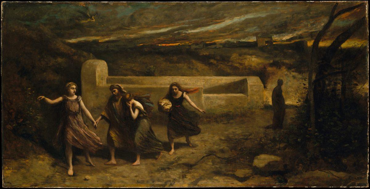 The story of looking back while escaping death, also appears in the Bible. “The Burning of Sodom” (formerly "The Destruction of Sodom") by Camille Corot. (The Metropolitan Museum of Art)