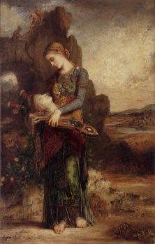 The Thracian women, representing hedonism, kill Orpheus. “Thracian Girl Carrying the Head of Orpheus on His Lyre,” 1865, by Gustave Moreau. (Public Domain)