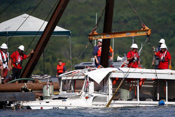 The duck boat that sank in 2018 in Table Rock Lake is raised. Branson, Mo., on July 23, 2018. (Nathan Papes/The Springfield News-Leader/AP)