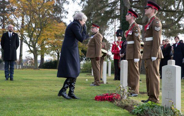 British Prime Minister Theresa May and Belgian counterpart Charles Michel attend a wreath-laying ceremony during celebrations marking the 100th anniversary of the end of the First World War, at the Saint Symphorien Military Cemetery in Mons, Belgium, on Nov. 9, 2018. (Benoit Doppagne/Pool via Reuters)
