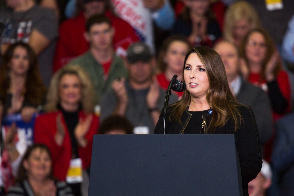 Chair of the Republican National Committee, Ronna McDaniel, speaks at a Make America Great Again rally in Cape Girardeau, Mo., on Nov. 5, 2018. (Hu Chen/The Epoch Times)