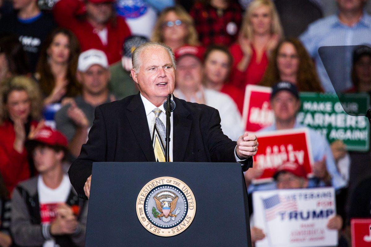 Commentator Rush Limbaugh speaks at a Make America Great Again rally in Cape Girardeau, Mo., on Nov. 5, 2018. (Hu Chen/The Epoch Times)