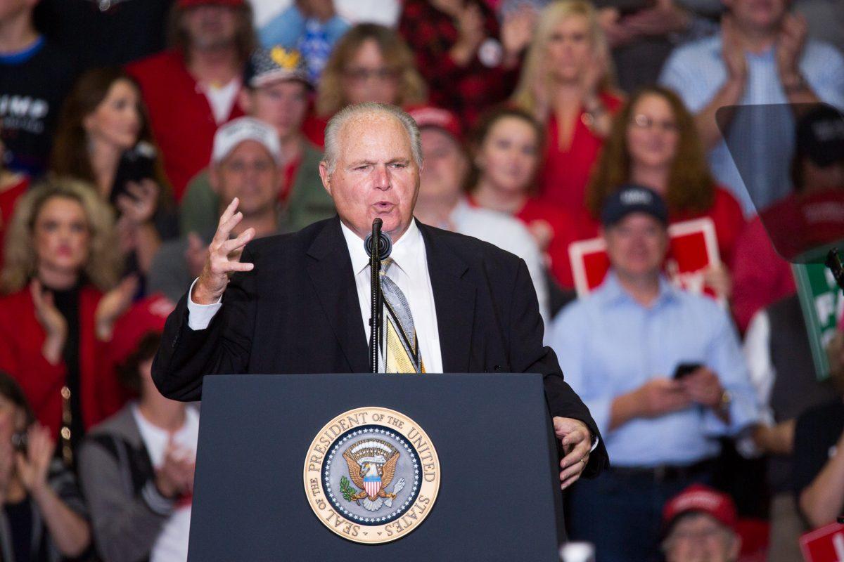 Commentator Rush Limbaugh at a Make America Great Again rally in Cape Girardeau, Mo., on Nov. 5, 2018. (Hu Chen/The Epoch Times)