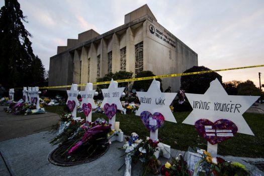 A makeshift memorial stands outside the Tree of Life synagogue in the aftermath of a deadly shooting at the in Pittsburgh on Oct. 29, 2018.(AP Photo/Matt Rourke, File)