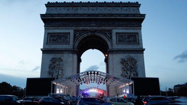 A stand is set up in front the Arc de Triomphe ahead of ceremonies marking the 100th of the end of World War I, on Nov. 9, 2018. (Thibault Camus/AP)