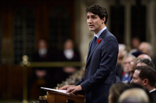 Canadian Prime Minister Justin Trudeau delivers a formal apology on behalf of his nation for turning away a ship full of Jewish refugees trying to flee Nazi Germany in 1939 in the House of Commons on Parliament Hill in Ottawa, Ontario, on Nov. 7, 2018. (Sean Kilpatrick/The Canadian/AP)