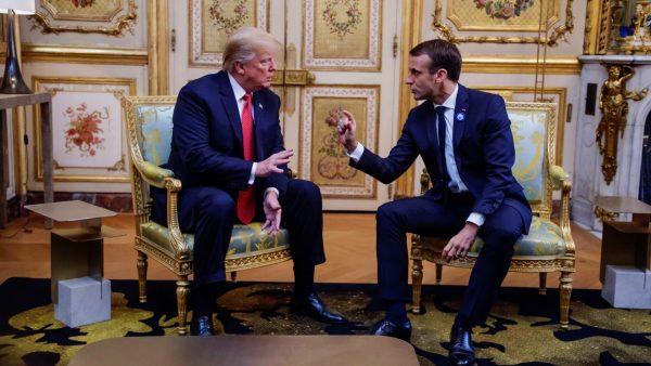 French President Emmanuel Macron and President Donald J. Trump, meet at the Elysee palace in Paris, on Nov. 10, 2018. (Christophe Petit Tesson/AP)