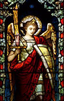 Detail of Archangel Michael on stained glass window in St. Stephen the Martyr Daily Mass Chapel in Omaha, Nebraska. (CC BY-SA 4.0)