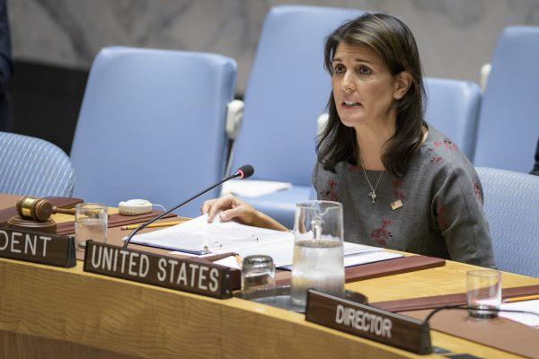 Nikki Haley, United States ambassador to the United Nations, during a Security Council meeting on Sept. 6, 2018, at U.N. headquarters in New York City. (UN Photo/Manuel Elias)