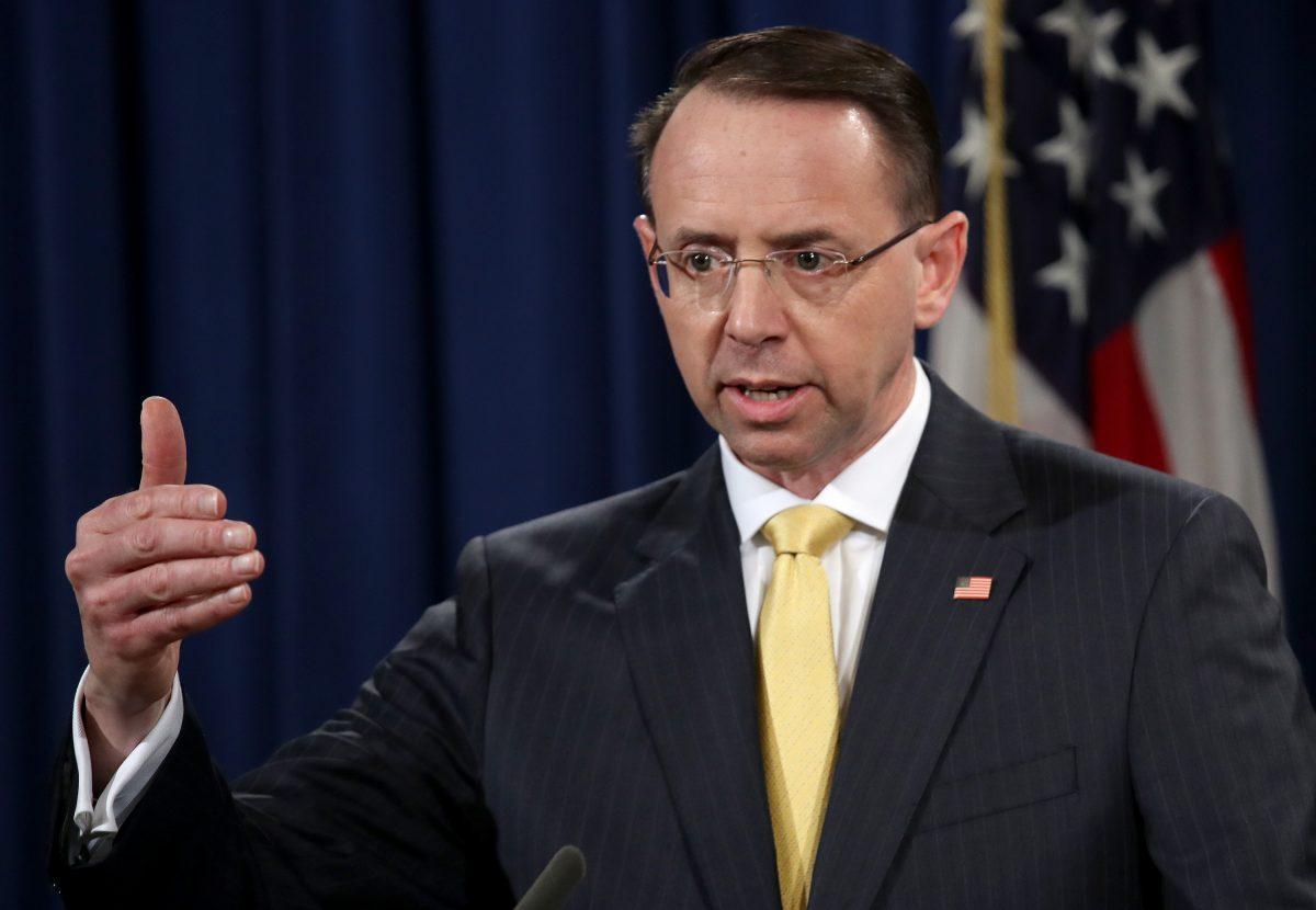 Deputy Attorney General Rod Rosenstein announces the indictment of 13 Russian nationals and 3 Russian organizations for meddling in the 2016 U.S. presidential elections at the Justice Department on Feb. 16, 2018. (Win McNamee/Getty Images)