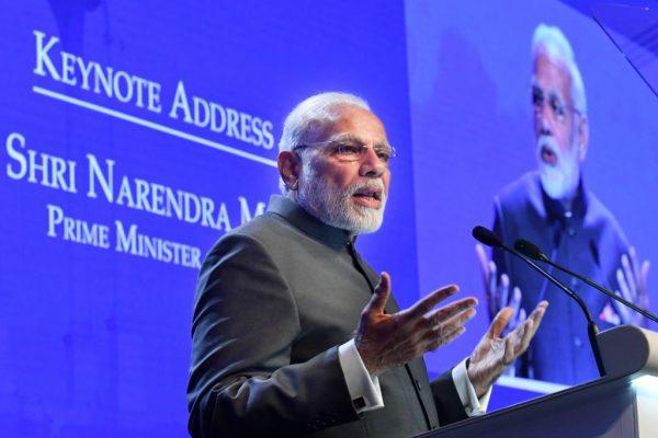 India's Prime Minister Narendra Modi delivers his keynote address at the opening of the 17th Asian Security Summit of the IISS Shangri-La Dialogue in Singapore on June 1, 2018. (Roslan Rahman/AFP/Getty Images)