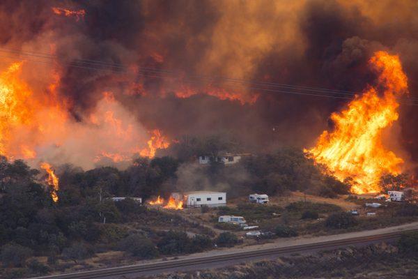 Flames sweep through a rural community at the Blue Cut Fire near Wrightwood, Calif., on Aug. 17, 2016. (David McNew/Getty Images)
