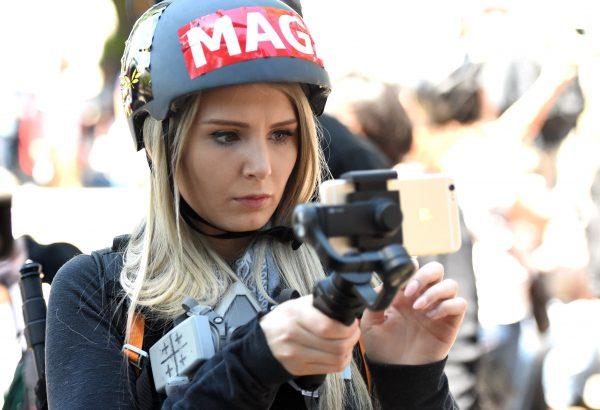Canadian conservative and libertarian activist Lauren Southern live streams a video during a rally in Berkeley, California on April 27, 2017. (Josh Edelson/AFP/Getty Images)