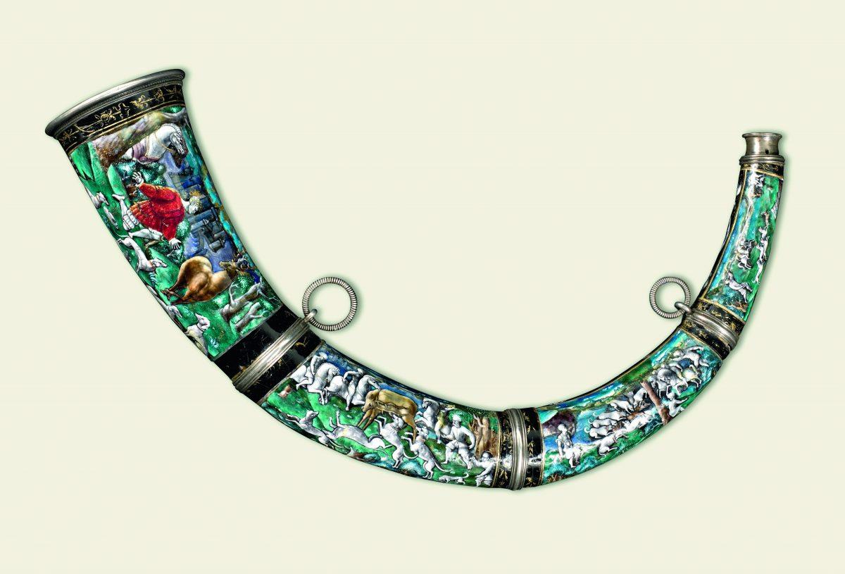 Hunting Horn, 1538, by Léonard Limousin (circa 1505-circa 1575/7). Copper, painted enamel, and cow’s horn, 12 inches long. (Private Collection, UK)