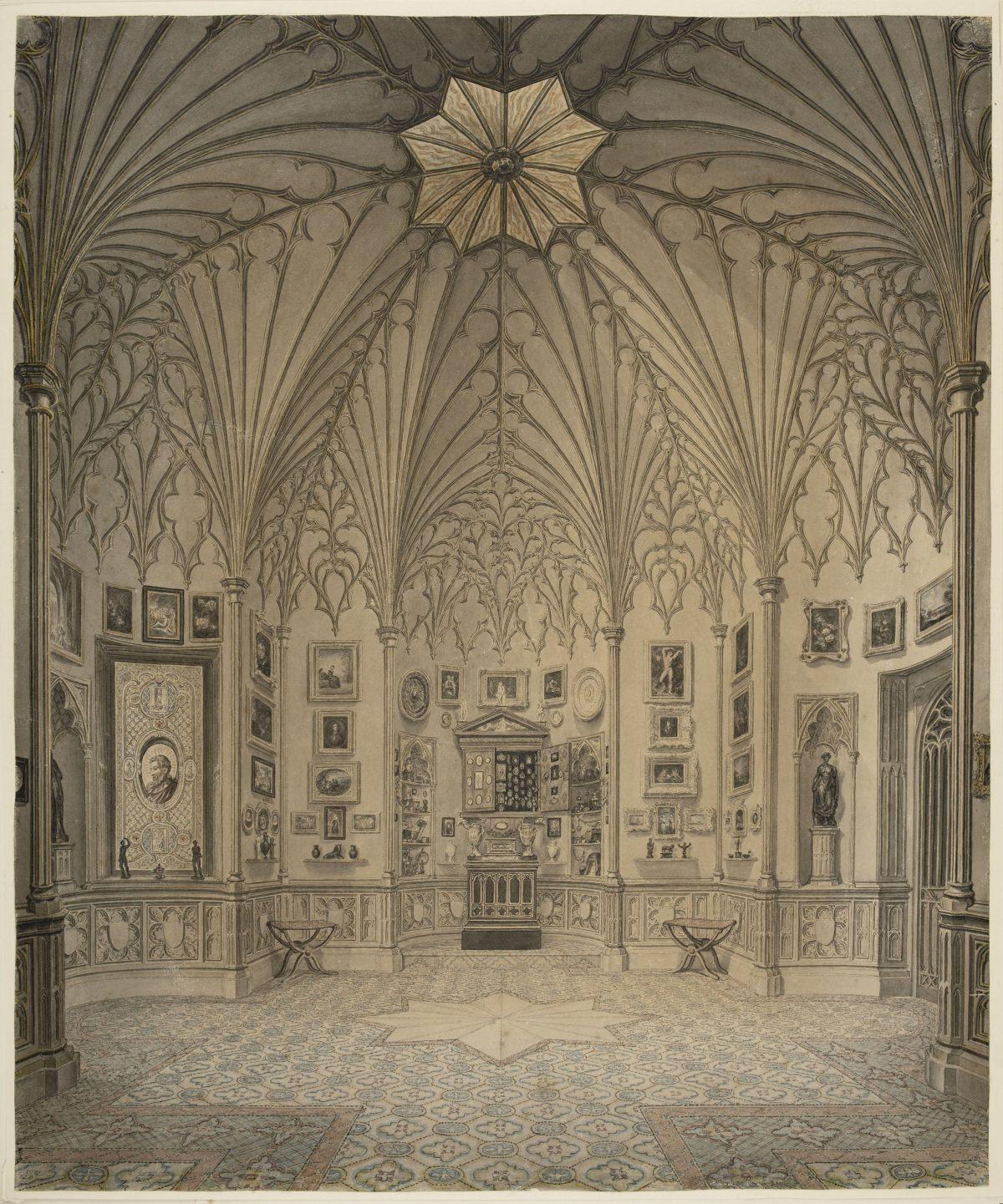 “The Tribune at Strawberry Hill,” circa 1789, drawing by John Carter. Original illustrations were used to place Walpole’s collection back as he intended. Note the rosewood cabinet in the center. (The Lewis Walpole Library, Yale University)