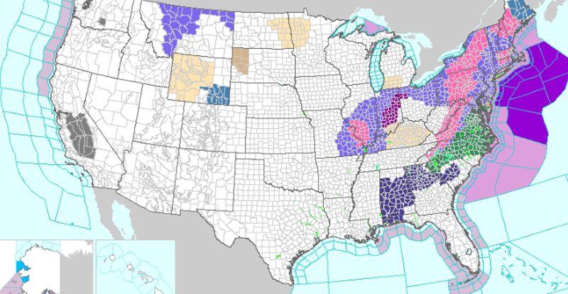 The pink and purple areas are winter storm warnings and advisories, respectively. (NWS)