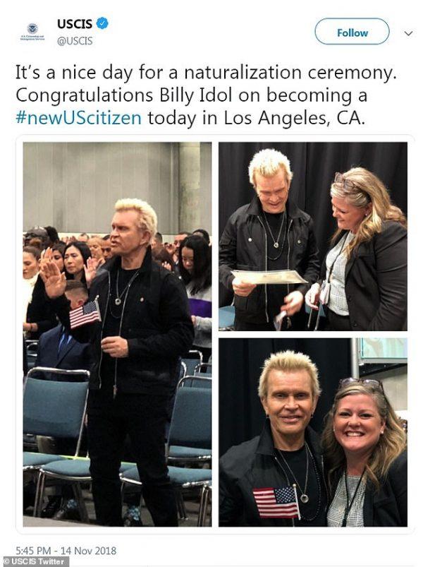 'It's a nice day for....': the U.S. Citizenship and Immigration Services tweeted out photos of rock star Billy Idol becoming a U.S. citizen at a ceremony in Los Angeles, Calif., Nov. 14, 2018. (USCIS via Twitter)