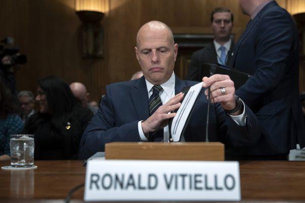 Ronald Vitiello, acting head of ICE, attends his confirmation hearing before the Senate Homeland Security and Governmental Affairs Committee Committee, on Capitol Hill in Washington, on Nov. 15, 2018. (AP Photo/J. Scott Applewhite)
