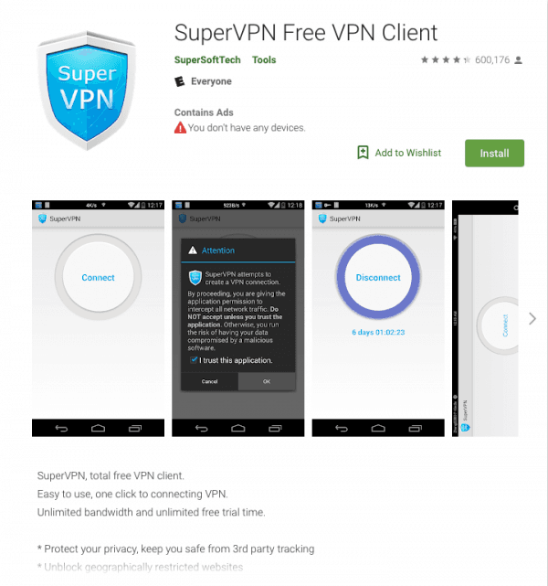The app SuperVPN on the Google Play store. (Screenshot)