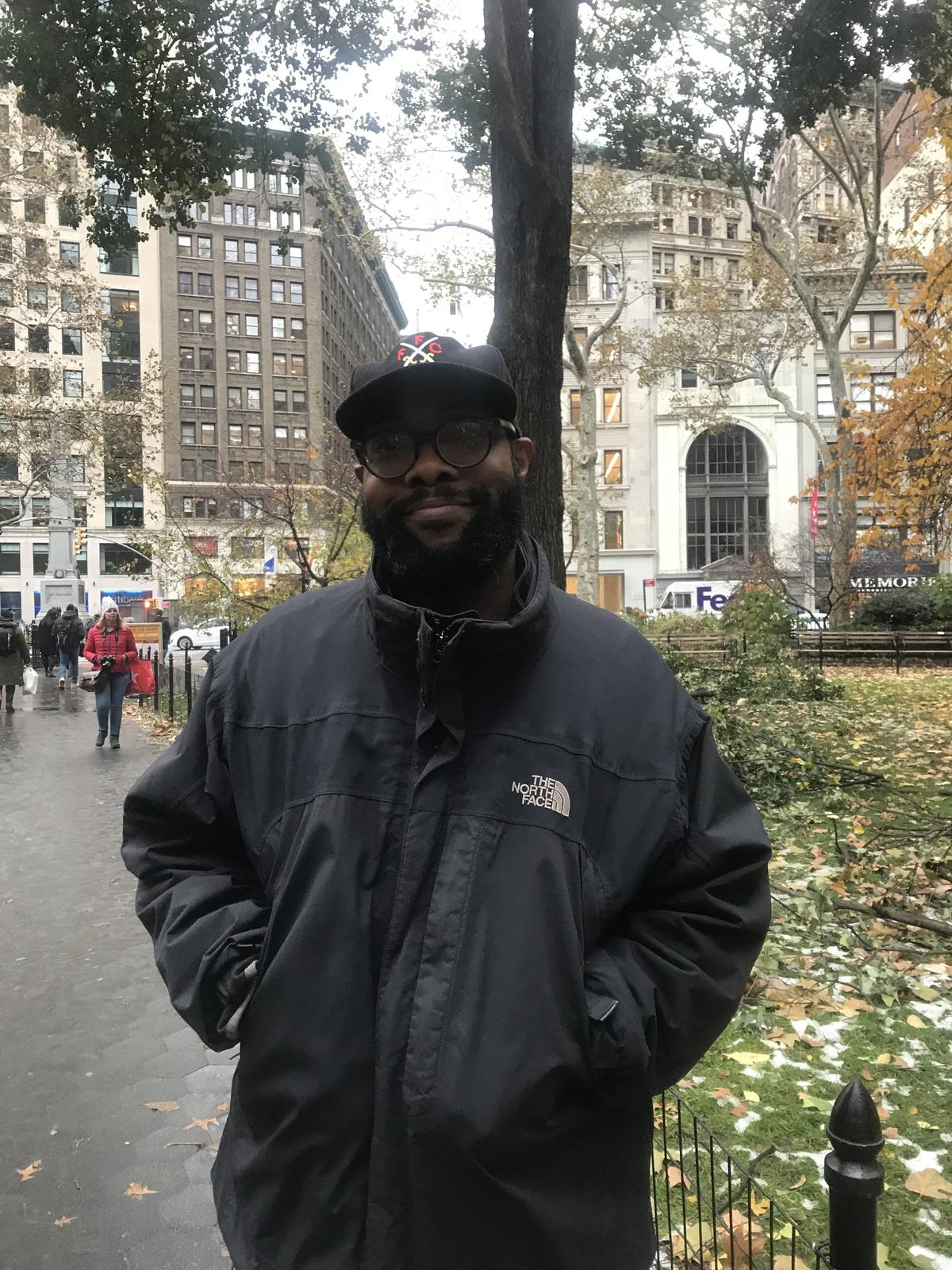 Ryan Jonhson in Madison Square Park, New York, on Nov. 16, 2018. (Stuart Liess/The Epoch Times)