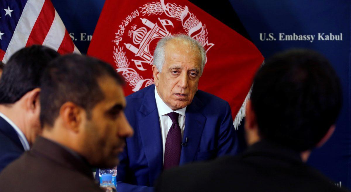 U.S. special envoy for peace in Afghanistan, Zalmay Khalilzad, talks with local reporters at the U.S. Embassy in Kabul, Afghanistan, on Nov. 18, 2018. (US Embassy/Handout via Reuters)