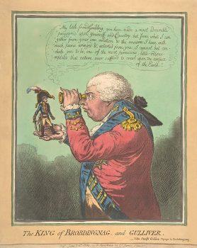 Some of William Cowper’s poems satirze political economy in the fashion of Jonathan Swift. “The King of Brobdingnag and Gulliver,” 1803, by James Gillray, (satirizing Napoleon Bonaparte and George III). (Metropolitan Museum of Art)