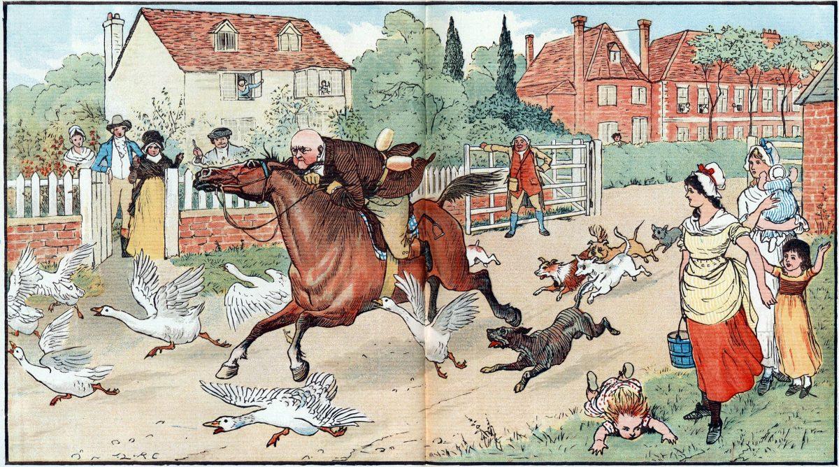 An illustration for William Cowper’s delightful poem “The Diverting History of John Gilpin,” 1886, by Randolph Caldecott. (Public Domain)