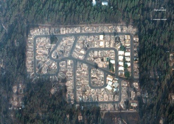 DigitalGlobe satellite image shows fire damages in the Kilcrease circle community aftermath of the Camp Fire in Paradise, California, U.S. on November 17, 2018. (Courtesy Satellite image ©2018 DigitalGlobe, a Maxar company/Handout via Reuters)