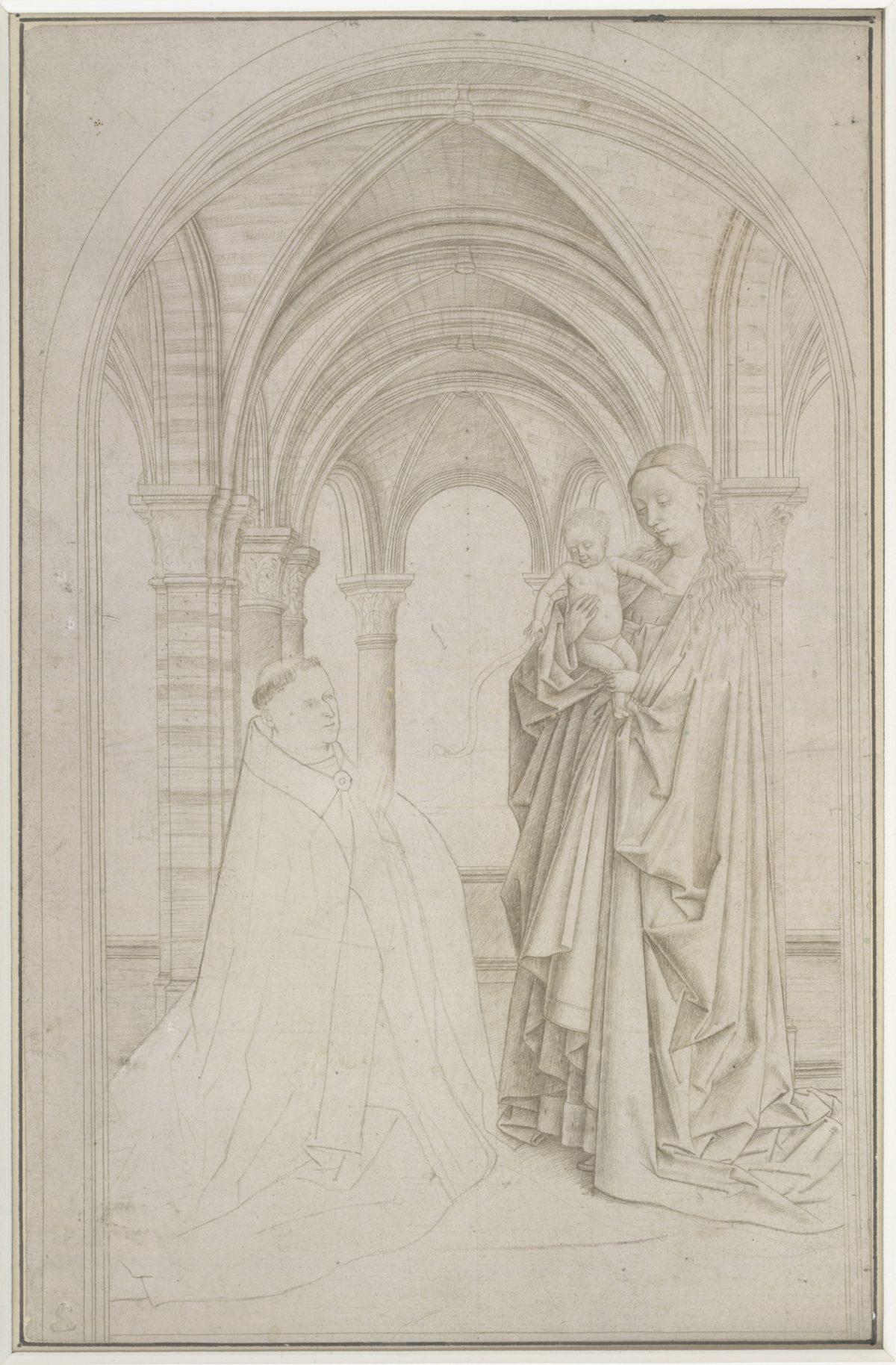 "The Virgin and Child With a Donor" (copy after Jan van Eyck’s "Maelbeke Virgin"), attributed to Petrus Christus. Silverpoint on prepared paper, 10 15/16 inches by 7 1/16 inches. The Albertina Museum, Vienna. (The Frick Collection)