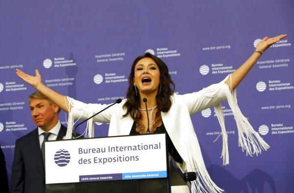 Russian singer Aida Garifullina delivers a speech at the 164th General Assembly of the Bureau International des Expositions (BIE) in Paris, Friday, Nov. 23, 2018. (AP Photo/Christophe Ena)