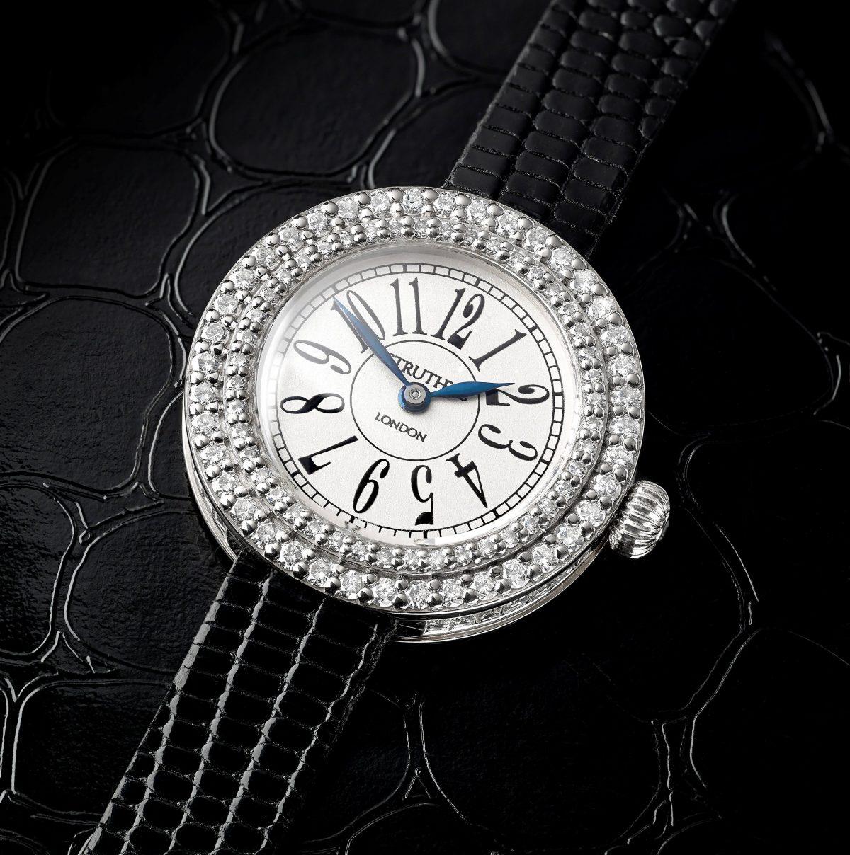 "The Polly," a 118-diamond round watch, made from a client's earrings and set in white gold. (Claire Cleaver)
