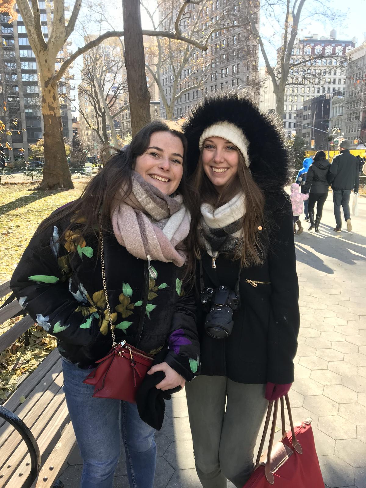 Chloe Derrin (L) and Violette Macherel in Maddison Square Park, New York, on Nov. 23, 2018. (Stuart Liess/The Epoch Times)