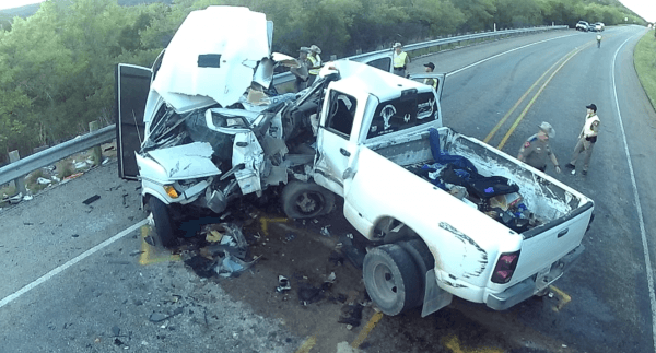 A 20-year-old Texas driver was impaired by marijuana and prescription drug when he crashed his pick-up truck into a bus carrying 13 passengers on March 29, 2017. (Screenshot via National Transportation Safety Board/Youtube)