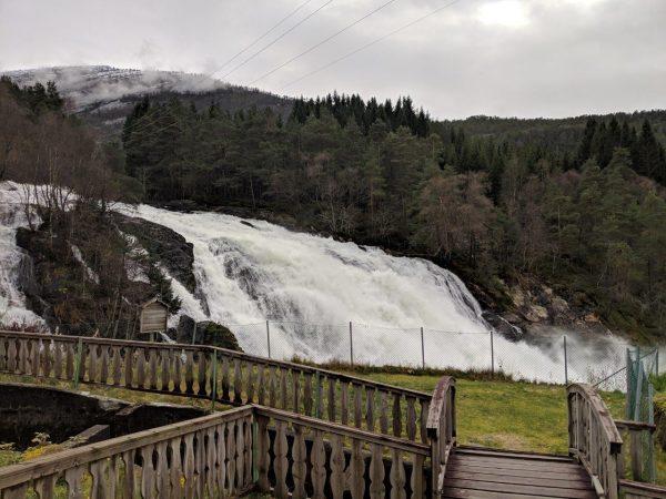 A waterfall next to a hydro powerplant near Sandane, Norway, Oct. 25, 2018. (Valentin Schmid/The Epoch Times)